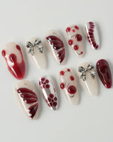 Silver Butterfly press-on nails in medium almond shape — Silver & Red Gothic, 3D Bows & Blood Drops.