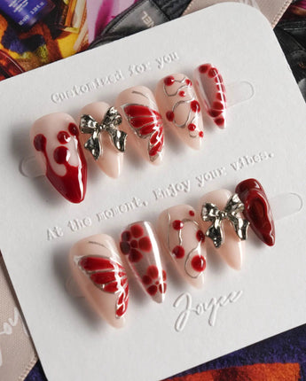 Silver Butterfly press-on nails in short stiletto shape — Silver & Red Gothic, 3D Bows & Blood Drops.