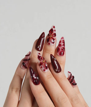 Bloody Kiss press-on nails — deep red marble nude