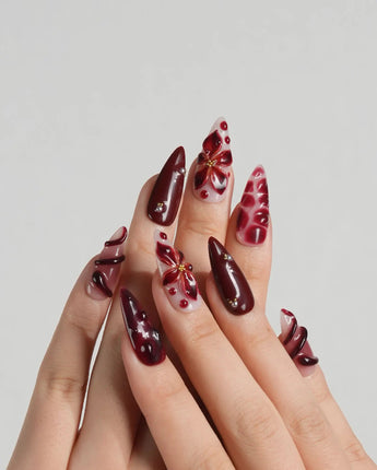 Bloody Kiss press-on nails — deep red marble nude