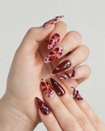 Bloody Kiss nails — deep red marble nude by Joyee Nails