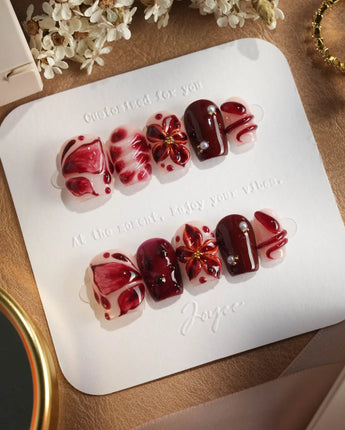 Bloody Kiss nails — deep red marble nude by Joyee Nails