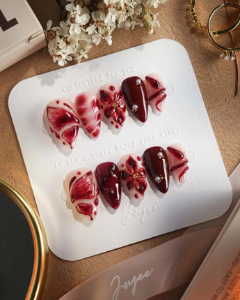 Bloody Kiss nails — deep red marble nude by Joyee Nails