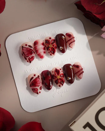 Bloody Kiss nails — deep red marble nude by Joyee Nails