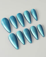 Blue Sky Cat-eye press-on nails — Peacock Blue cat eye  handmade nail art by Joyee Nails