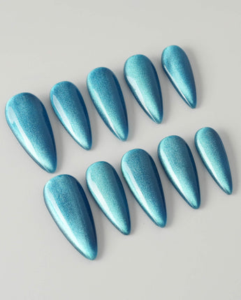 Blue Sky Cat-eye press-on nails — Peacock Blue cat eye  handmade nail art by Joyee Nails