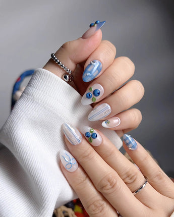 Blue Grid minimalist summer nails with sculpted blueberries and fresh plaid pattern