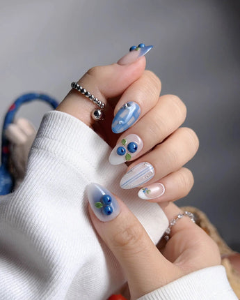 Blue Grid handmade nail set with frozen berry accents and clean blue plaid lines