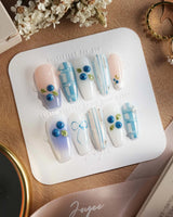 Blue Grid crisp plaid press-on nails with frozen blueberry gel charms
