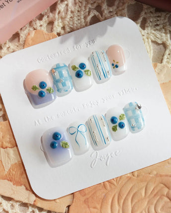 Blue Grid airy blue plaid nails with 3D berry accents for summer outfits