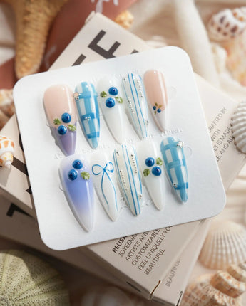 Blue Grid blueberry plaid press-on nails in long stiletto shape