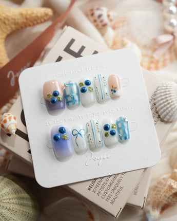 Blue Grid blueberry plaid press-on nails in short square shape