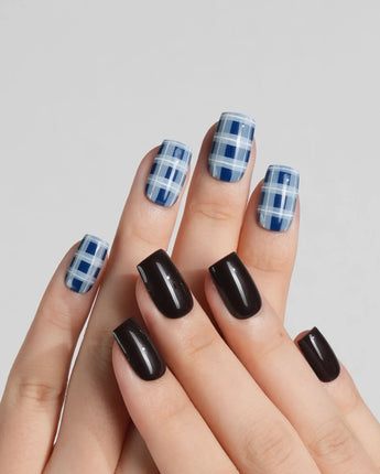 Checkerboard press-ons styled for autumn