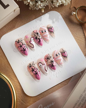 Boo Barbie press-on nails — Pink White Halloween, Ghost Pumpkin Mummy. handmade nail art by Joyee Nails