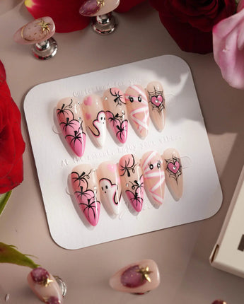 Boo Barbie press-on nails — Pink White Halloween, Ghost Pumpkin Mummy. handmade nail art by Joyee Nails