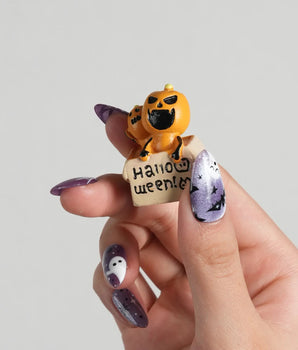 Boo Flicks -Purple handmade press-on nails featuring Purple Glitter Halloween, Playful Ghost & Spiderweb.