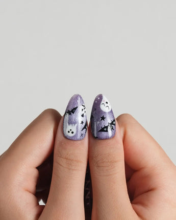 Boo Flicks -Purple press-on nails in medium almond shape — Purple Glitter Halloween, Playful Ghost & Spiderweb.