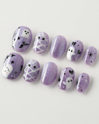 Boo Flicks -Purple press-on nails in extra short oval shape — Purple Glitter Halloween, Playful Ghost & Spiderweb.
