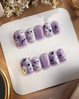 Boo Flicks -Purple press-on nails in extra short square shape — Purple Glitter Halloween, Playful Ghost & Spiderweb.