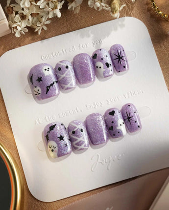 Boo Flicks -Purple press-on nails in extra short square shape — Purple Glitter Halloween, Playful Ghost & Spiderweb.