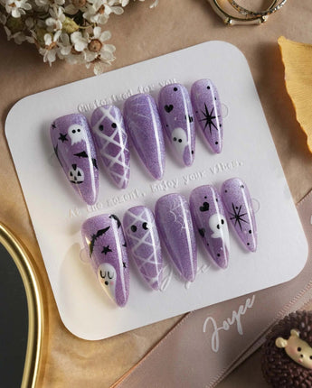 Boo Flicks -Purple press-on nails in medium stiletto shape — Purple Glitter Halloween, Playful Ghost & Spiderweb.