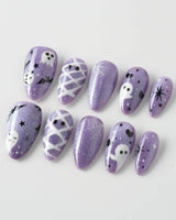 Boo Flicks -Purple press-on nails in short almond shape — Purple Glitter Halloween, Playful Ghost & Spiderweb.