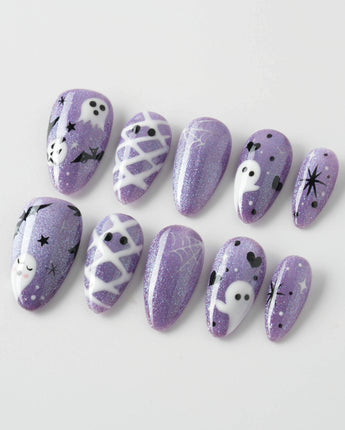 Boo Flicks -Purple press-on nails in short almond shape — Purple Glitter Halloween, Playful Ghost & Spiderweb.