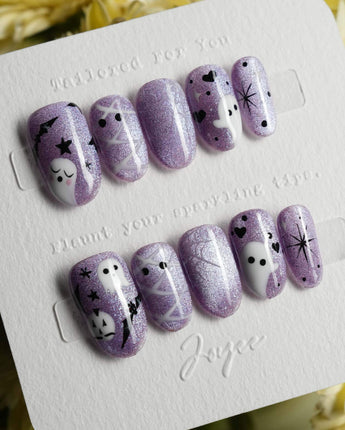 Boo Flicks -Purple press-on nails in short oval shape — Purple Glitter Halloween, Playful Ghost & Spiderweb.