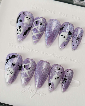 Boo Flicks -Purple press-on nails in short stiletto shape — Purple Glitter Halloween, Playful Ghost & Spiderweb.