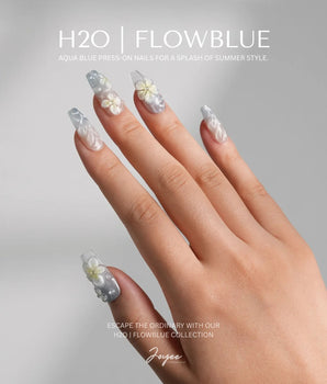 Bora Bora Blue handmade press-on nails featuring Smoky blue Shimmering Water, 3D Sculpted Florals