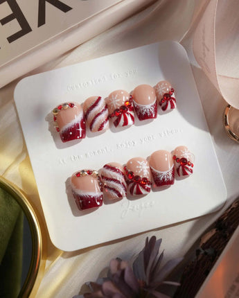 Broadway Rouge nails in extra short coffin — Festive Red & White
