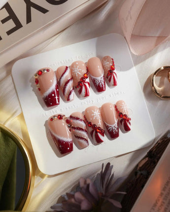 Broadway Rouge nails in medium coffin — Festive Red & White