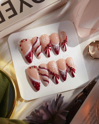 Broadway Rouge nails in medium stiletto — Festive Red & White