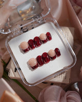 Brocade extra short coffin press-on nails with baroque red rose prints and silver bead chains