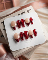 Brocade short stiletto press-on nails with deep red and burgundy fall nail art