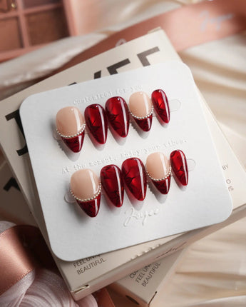 Brocade short stiletto press-on nails with deep red and burgundy fall nail art