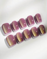 Brown Acrylic Cat-eye press-on nails in extra short coffin shape — Berry Mauve cat eye