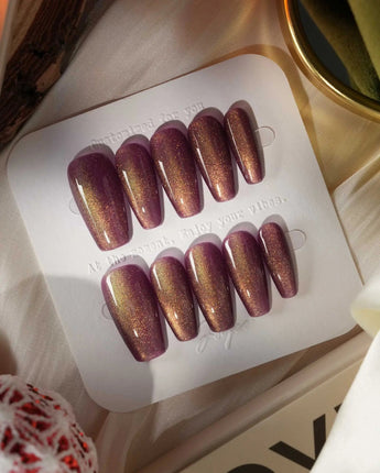 Brown Acrylic Cat-eye in medium coffin shape with berry brown shimmer and gel shine