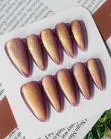 Brown Acrylic Cat-eye press-on nails in medium stiletto shape — Berry Mauve cat eye