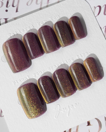 Brown Acrylic Cat-eye in short square shape with mauve brown shimmer and glossy gel