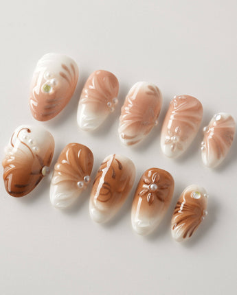 Brown & Khaki press-on nails in extra short almond with neutral brown and khaki tones