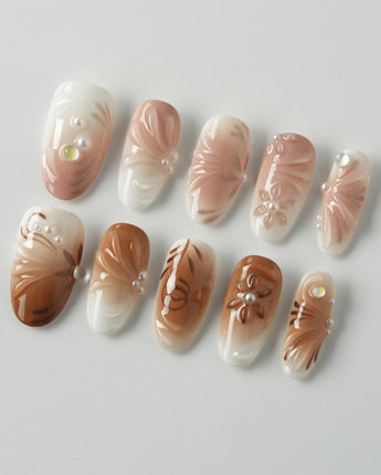 Brown & Khaki press-on nails in medium oval with understated brown and khaki fall styling