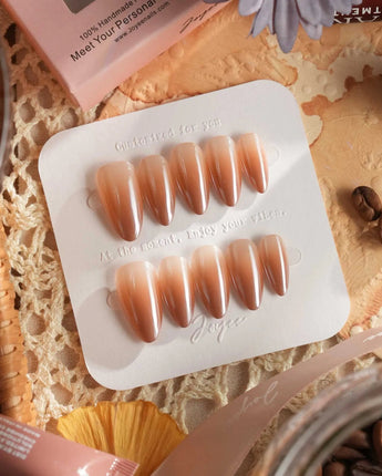 Caramel Chrome press-on nail set — Nude Brown chrome, Glossy Caramel Style. design, hand-painted with real gel polish