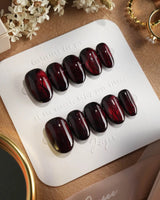 Burn press-on nails — Dark Red Cat Eye, Flowing Flame Texture. handmade nail art by Joyee Nails