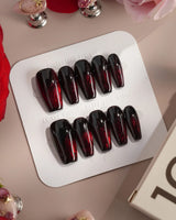 Burn press-on nails — Dark Red Cat Eye, Flowing Flame Texture. handmade nail art by Joyee Nails