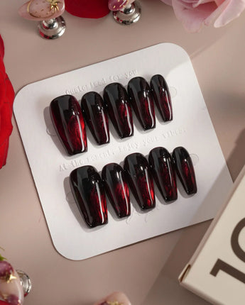 Burn press-on nails — Dark Red Cat Eye, Flowing Flame Texture. handmade nail art by Joyee Nails
