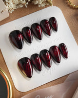 Burn press-on nails — Dark Red Cat Eye, Flowing Flame Texture. handmade nail art by Joyee Nails