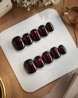 Burn press-on nails — Dark Red Cat Eye, Flowing Flame Texture. handmade nail art by Joyee Nails