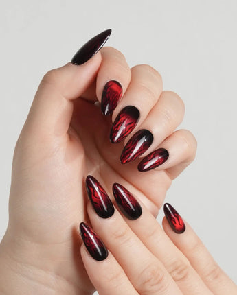 Burn press-on nails — Dark Red Cat Eye, Flowing Flame Texture. handmade nail art by Joyee Nails
