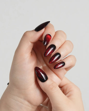 Burn press-on nails — Dark Red Cat Eye, Flowing Flame Texture. handmade nail art by Joyee Nails